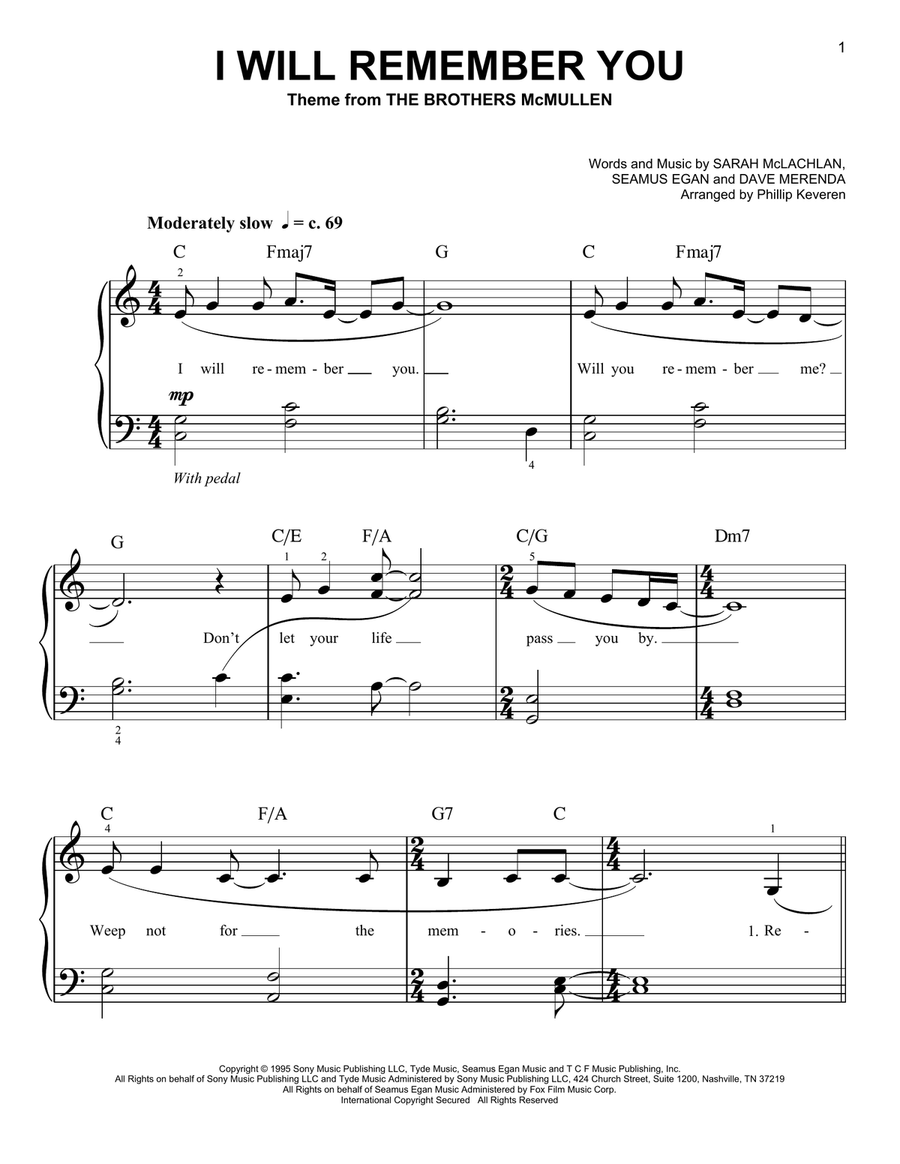 I Will Remember You (arr. Phillip Keveren) Easy Piano scores gallery preview page 1