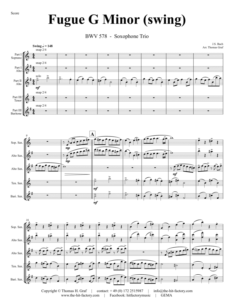 Fugue G Minor - (the 'little') - BWV 578 - Swing - Saxophone Trio Woodwind Trio scores gallery preview page 1