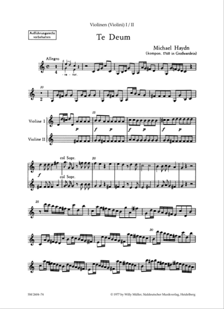 Te deum by Michael Haydn Violin - Sheet Music