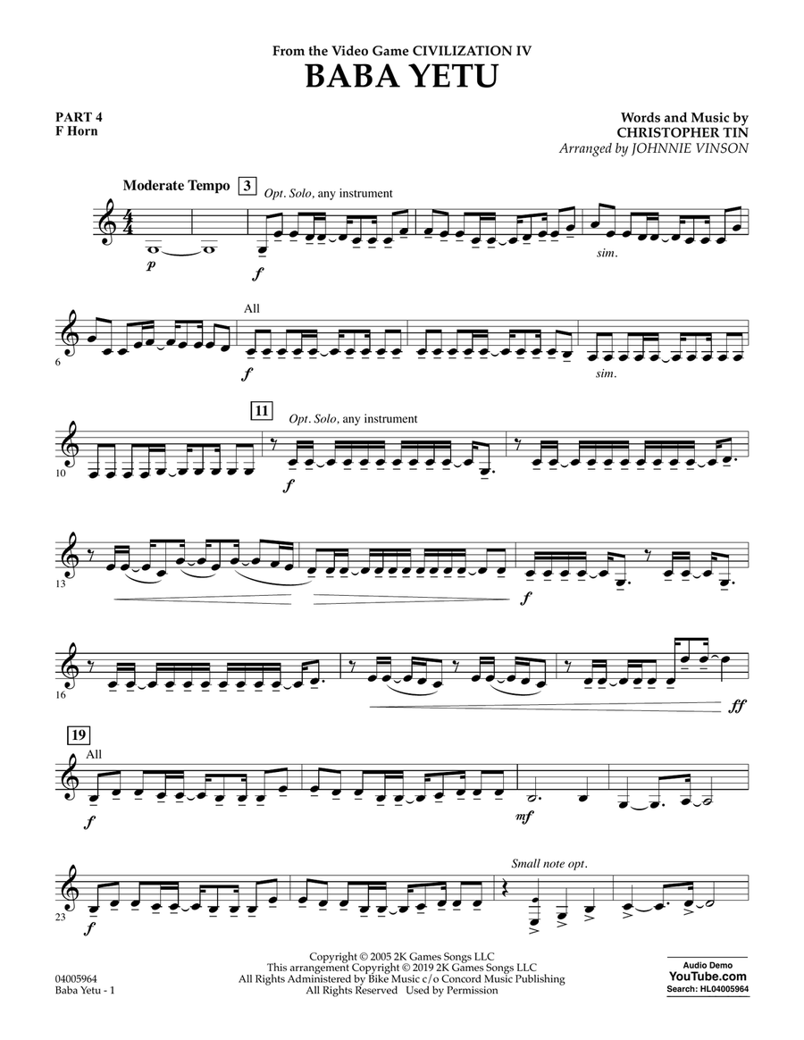 Baba Yetu (from Civilization IV) (arr. Johnnie Vinson) - Pt.4 - F Horn Concert Band scores gallery preview page 1