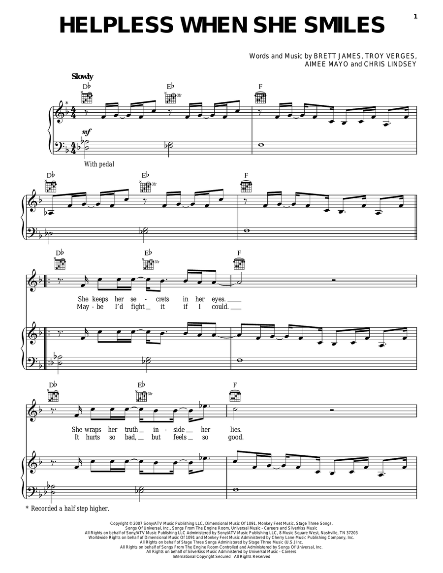 Helpless When She Smiles Piano, Vocal, Guitar scores gallery preview page 1