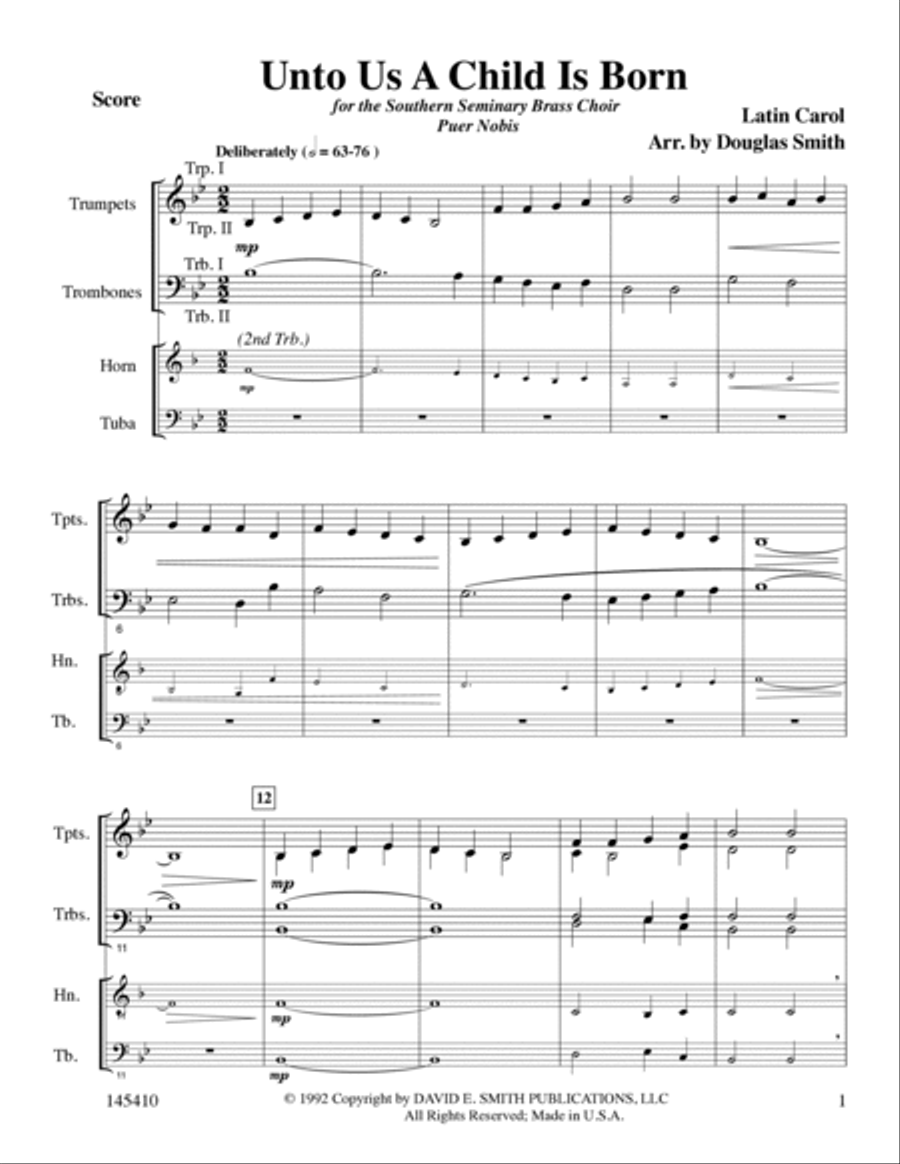 Unto Us A Child Is Born Brass Quartet scores gallery preview page 2