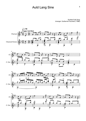 Scottish Folk Song - Auld Lang Sine. Arrangement for Clarinet and Classical Guitar. Score and Parts.