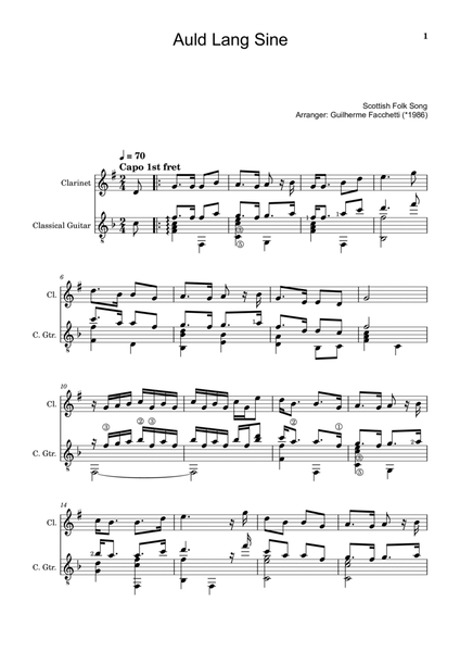 Scottish Folk Song - Auld Lang Sine. Arrangement for Clarinet and Classical Guitar. Score and Parts. image number null