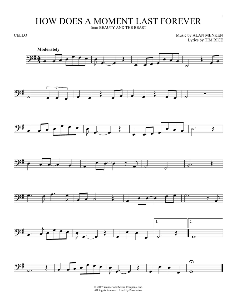 How Does A Moment Last Forever (from Beauty and the Beast) Cello Solo scores gallery preview page 1