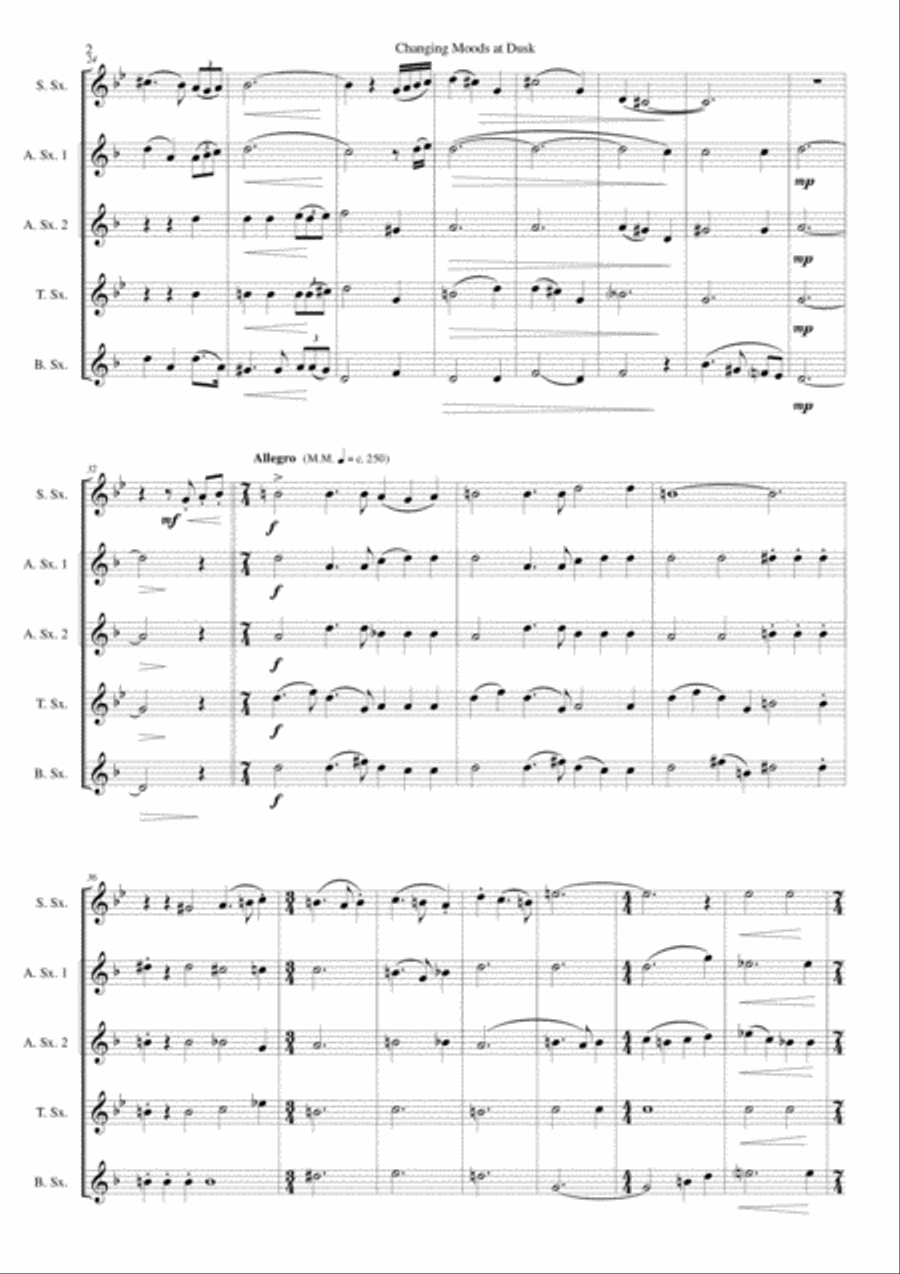 Changing moods at dusk for saxophone quintet (soprano, 2 altos, 1 tenor, 1 baritone) Saxophone Quintet scores gallery preview page 2