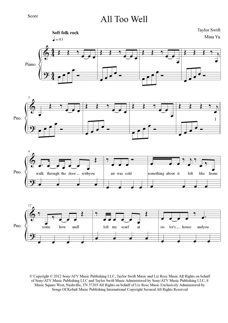 All Too Well Piano Solo scores gallery preview page 1