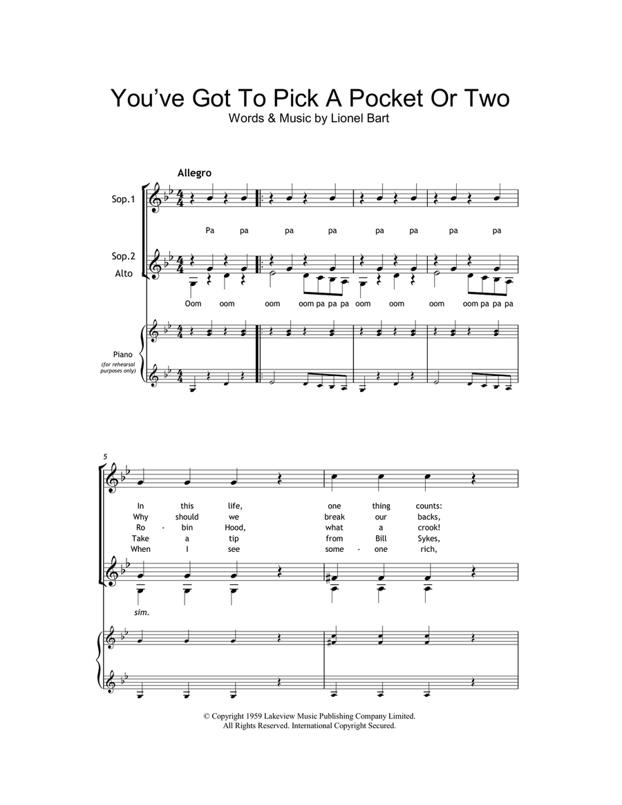 You've Got To Pick A Pocket Or Two (from Oliver!) SSA scores gallery preview page 1