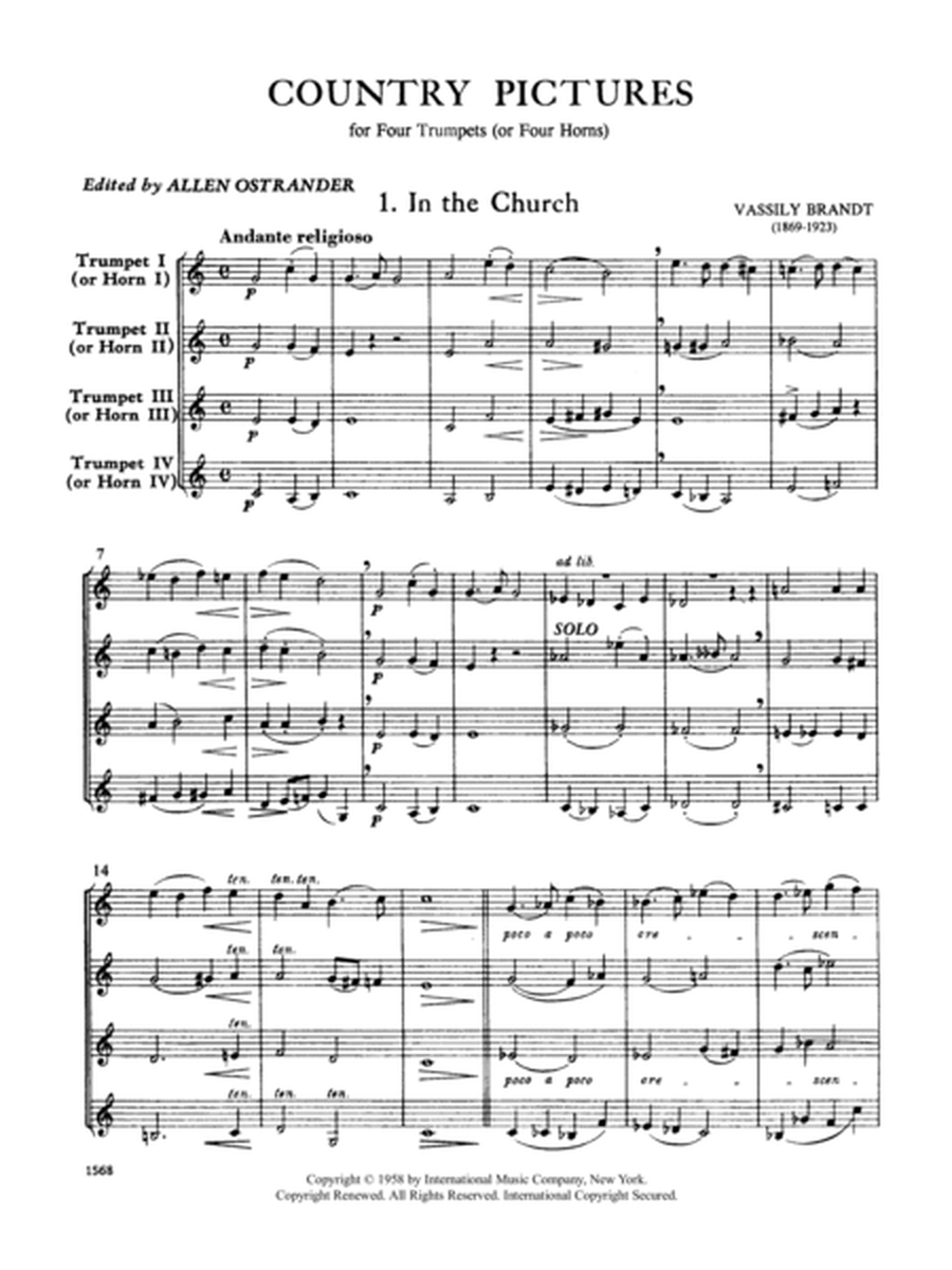 Country Pictures (3 Pieces) For Four Horns Or Four Trumpets (Score & Parts)