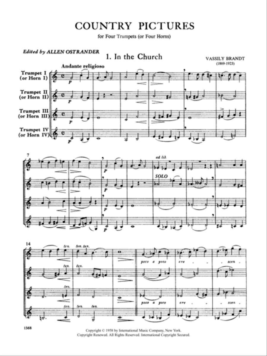 Country Pictures (3 Pieces) For Four Horns Or Four Trumpets (Score & Parts)