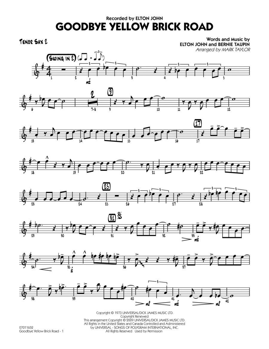 Goodbye Yellow Brick Road - Tenor Sax 2 Tenor Saxophone scores gallery preview page 1
