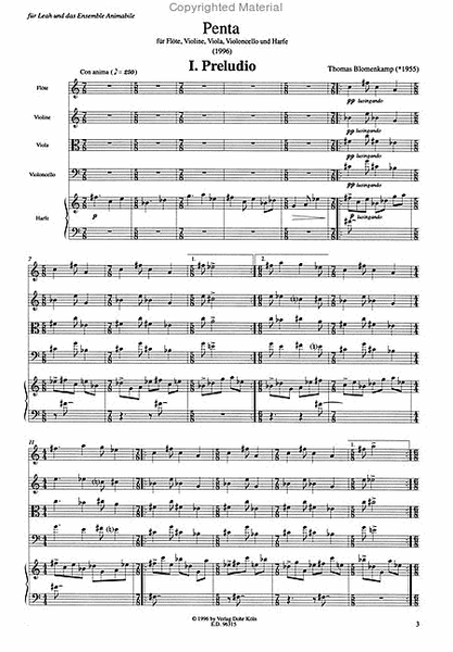 Penta für Flöte, Violine, Viola, Violoncello und Harfe (1996)