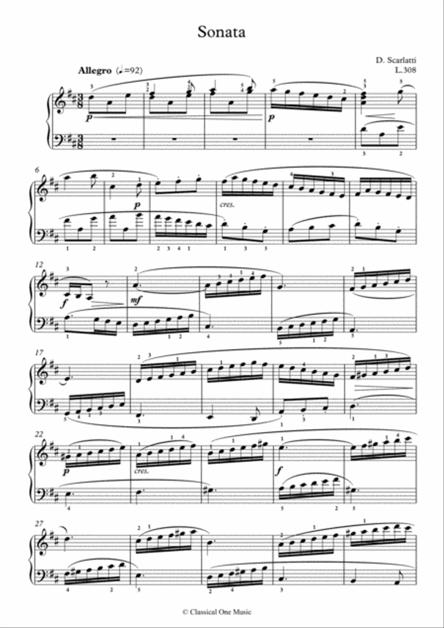 Scarlatti-Sonata in D-Major L.308 K.237(piano) Piano Solo scores gallery preview page 2