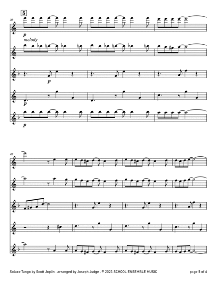 Solace Tango by Scott Joplin for Saxophone Quartet in Schools Saxophone Quartet scores gallery preview page 5