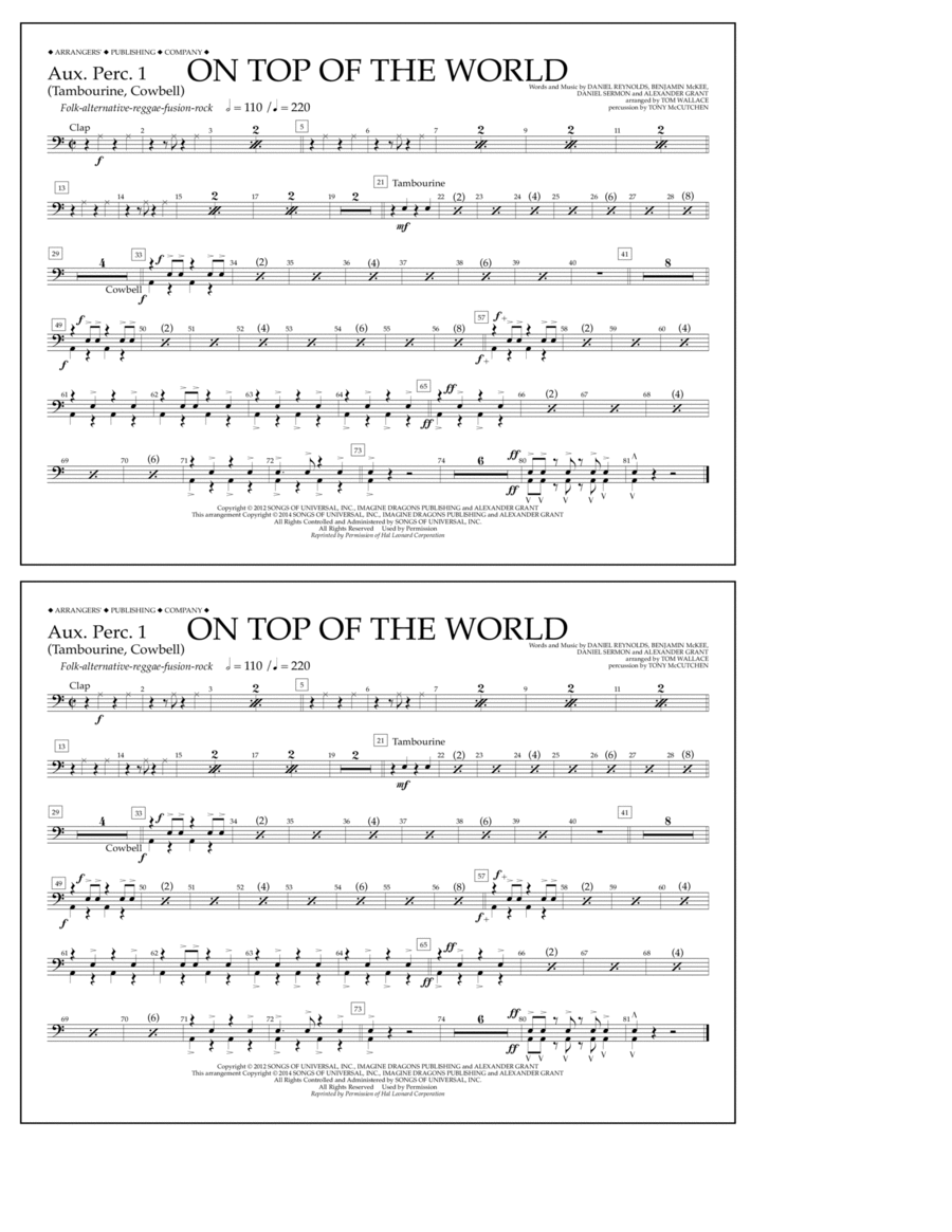 On Top of the World - Aux. Perc. 1 Marching Band scores gallery preview page 1