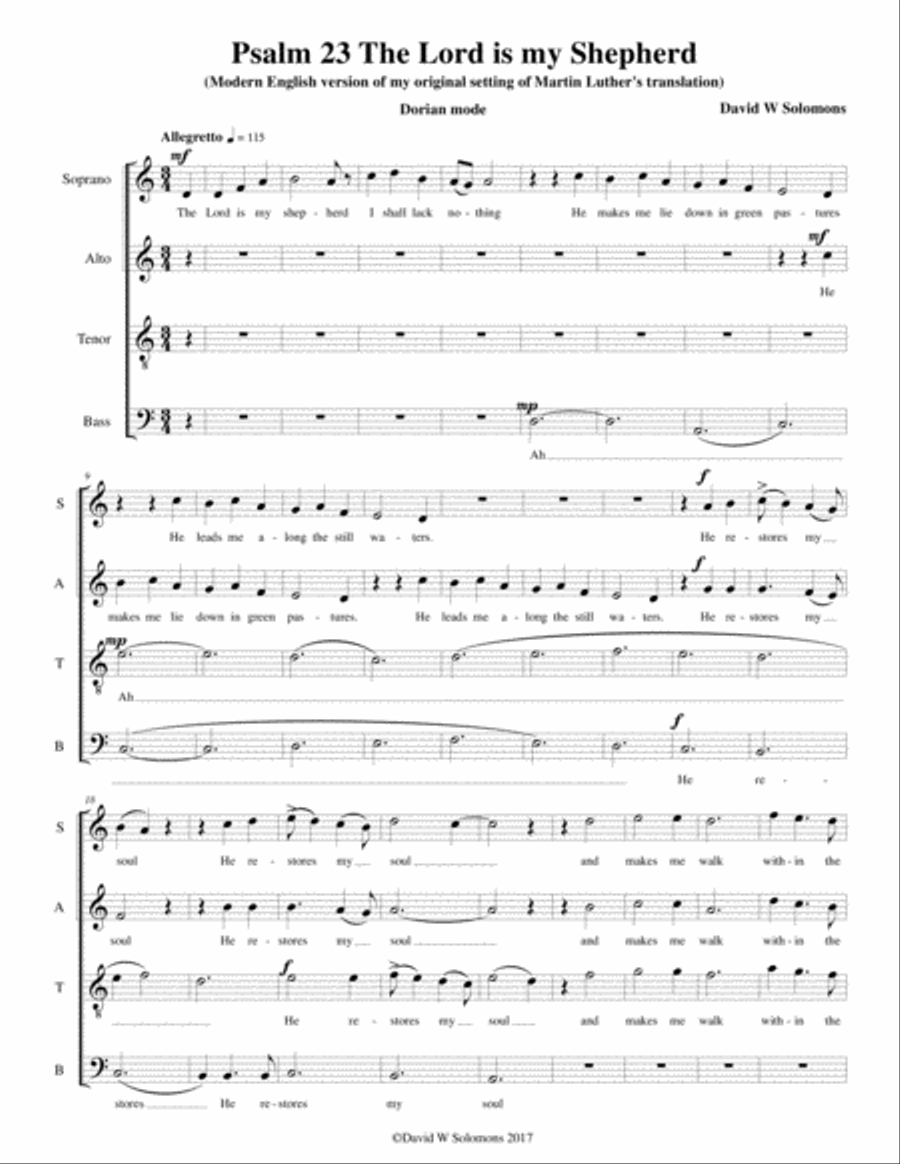 English version of Psalm 23 (The Lord is my shepherd) in Dorian mode for SATB choir 4-Part scores gallery preview page 1