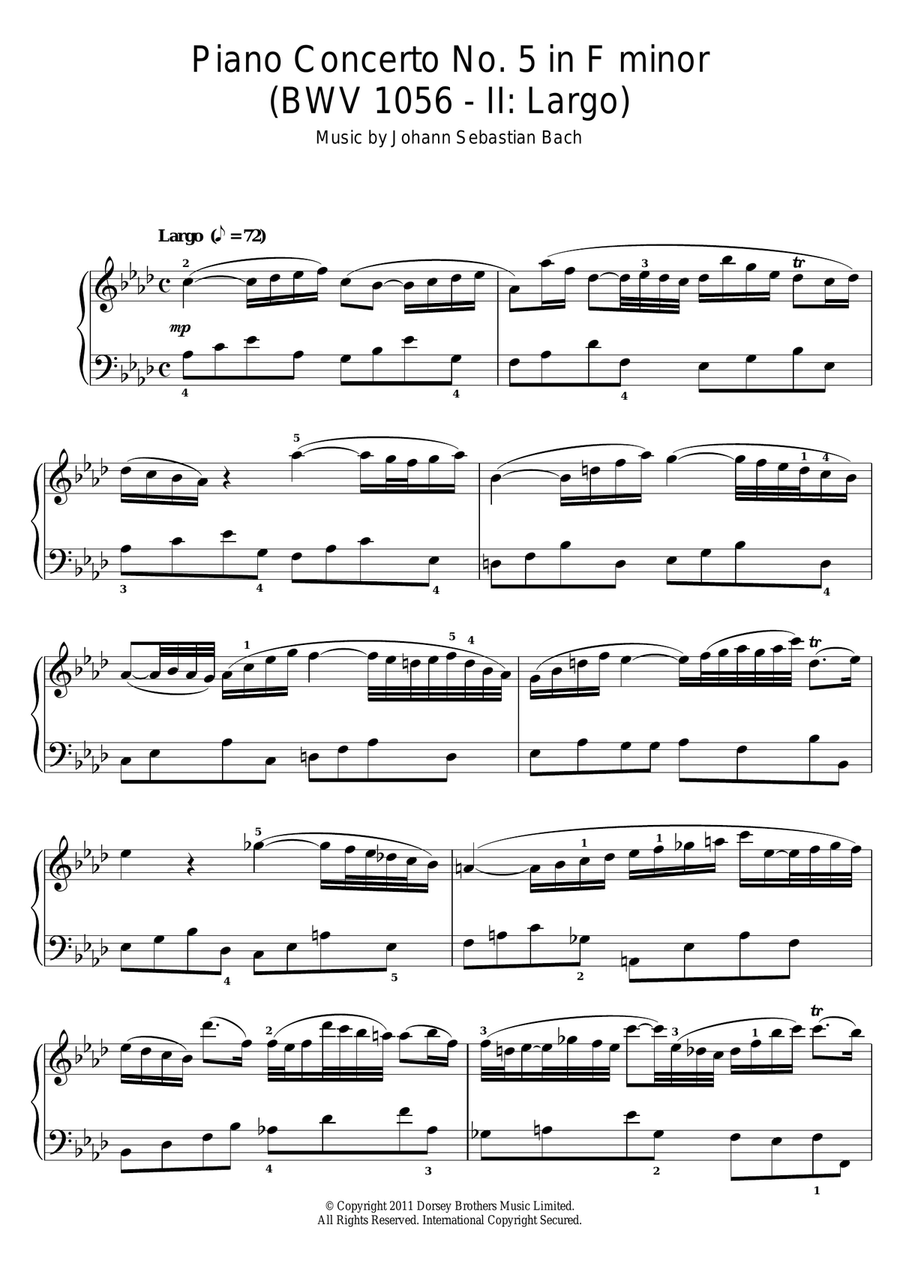Piano Concerto No. 5 in F minor (BWV 1056 - II: Largo) Piano Solo scores gallery preview page 1