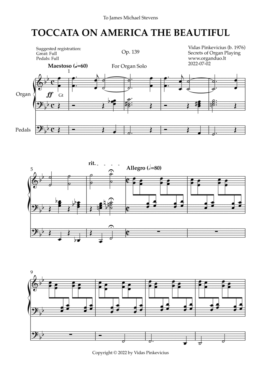 Toccata on America the Beautiful, Op. 139 (Organ Solo) by Vidas Pinkevicius (2022) Organ Solo scores gallery preview page 1