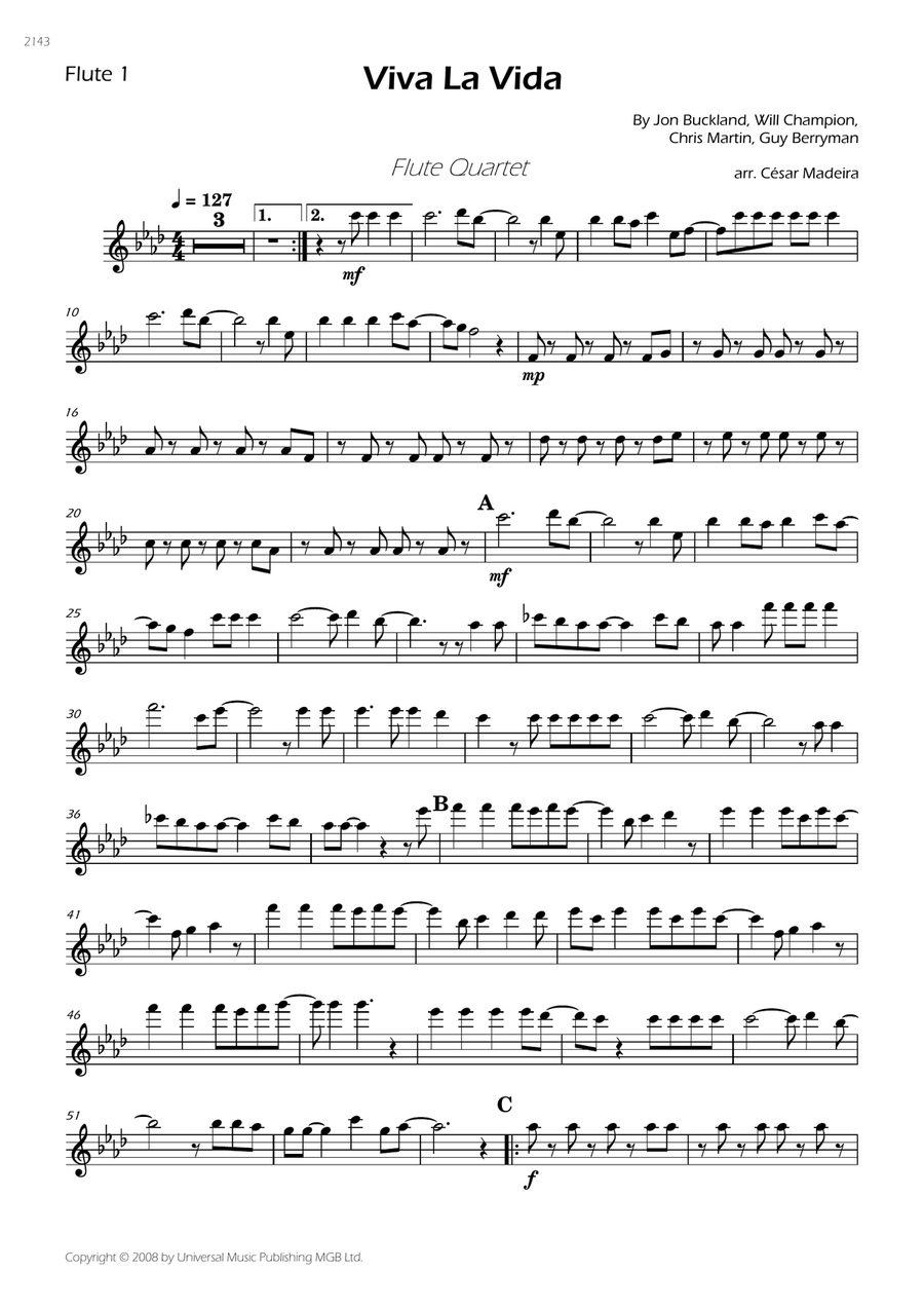 Viva La Vida Viva La Vida Flute Quartet scores gallery preview page 1