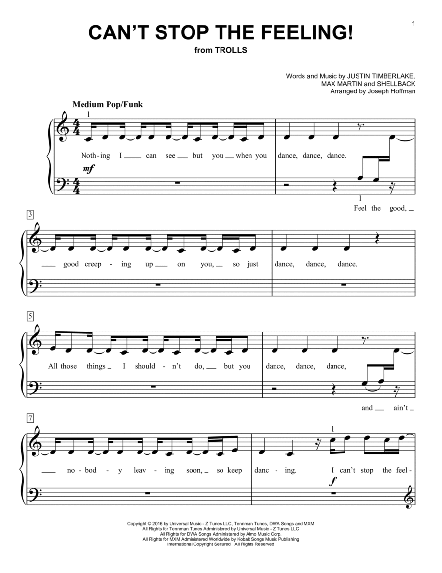 Can't Stop The Feeling! (from Trolls) (arr. Joseph Hoffman) Easy Piano scores gallery preview page 1