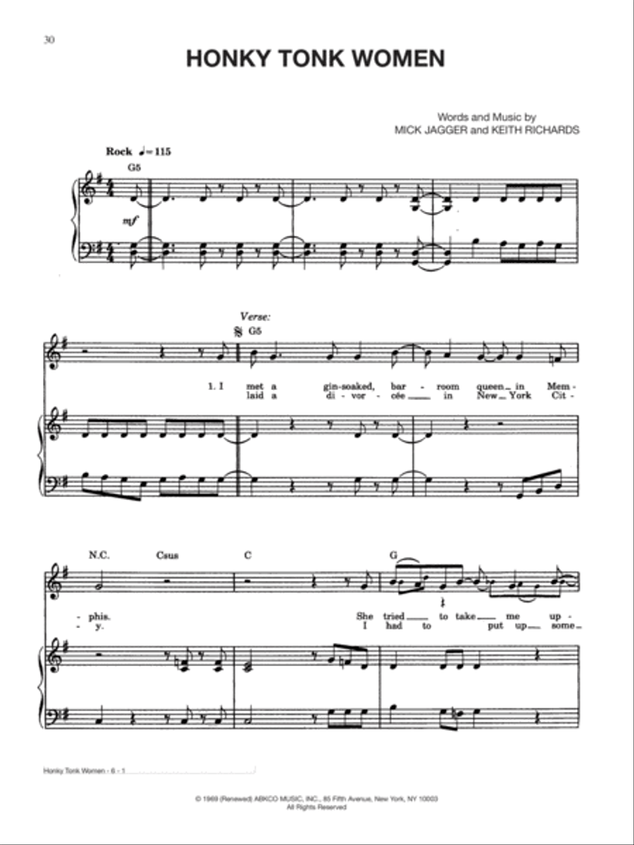 Honky Tonk Women Piano, Vocal, Guitar scores gallery preview page 1