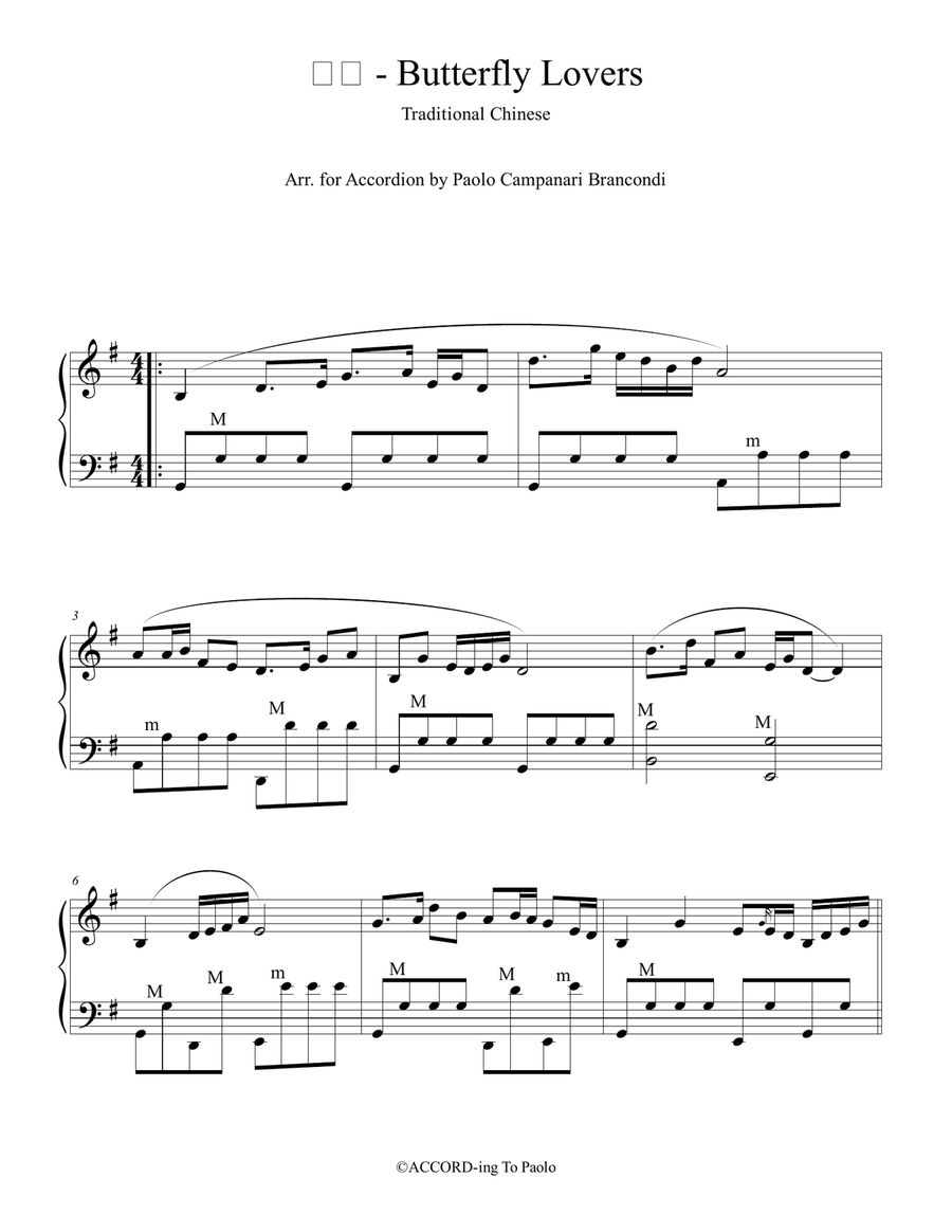Butterfly Lovers - Traditional Chinese - Easy Accordion Version Accordion scores gallery preview page 1