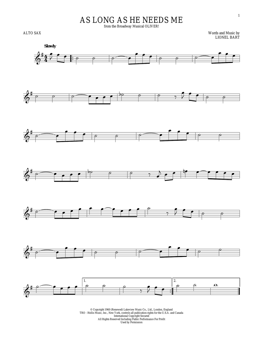 As Long As He Needs Me As Long As He Needs Me Alto Saxophone scores gallery preview page 1
