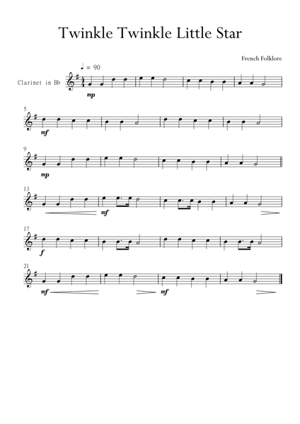 Twinkle Twinkle Little Star for Clarinet in F Major. Very Easy. image number null
