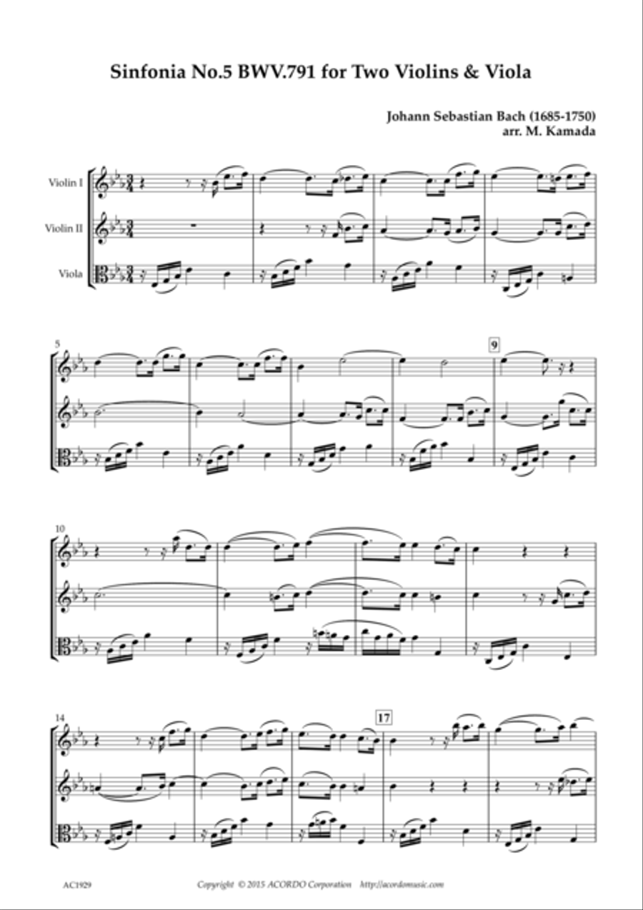 Sinfonia No.5 BWV.791 for Two Violins & Viola String Duet scores gallery preview page 1