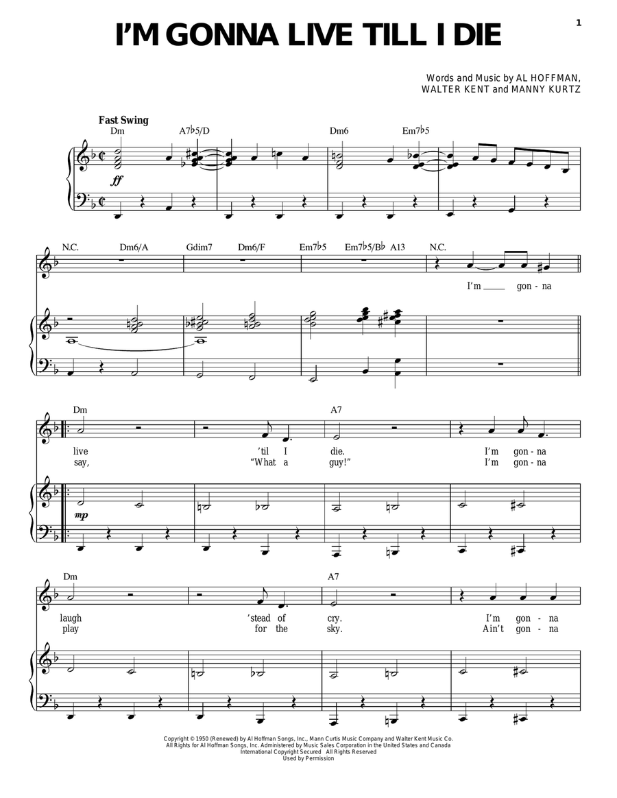I'm Gonna Live Till I Die Piano, Vocal scores gallery preview page 1