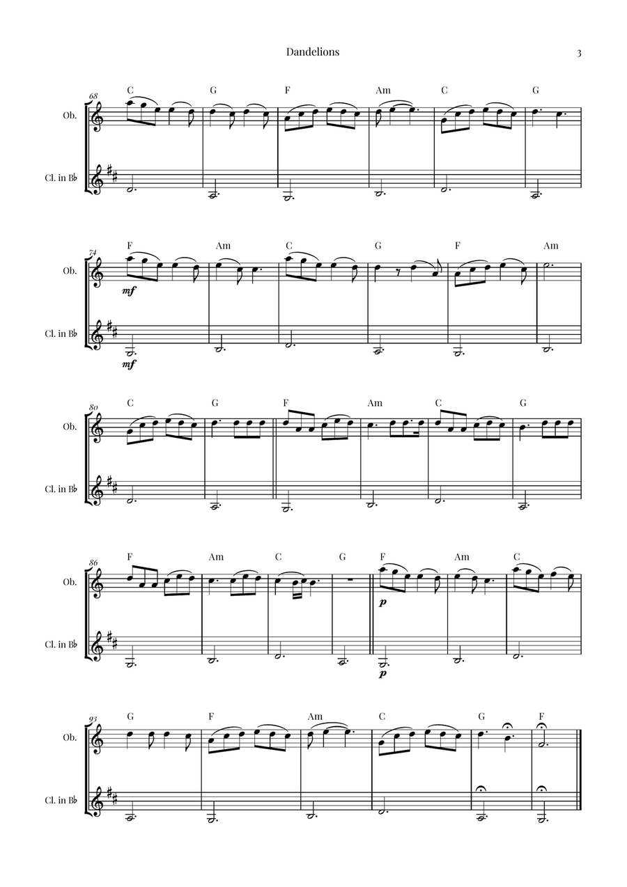 Dandelions Woodwind Duet scores gallery preview page 3