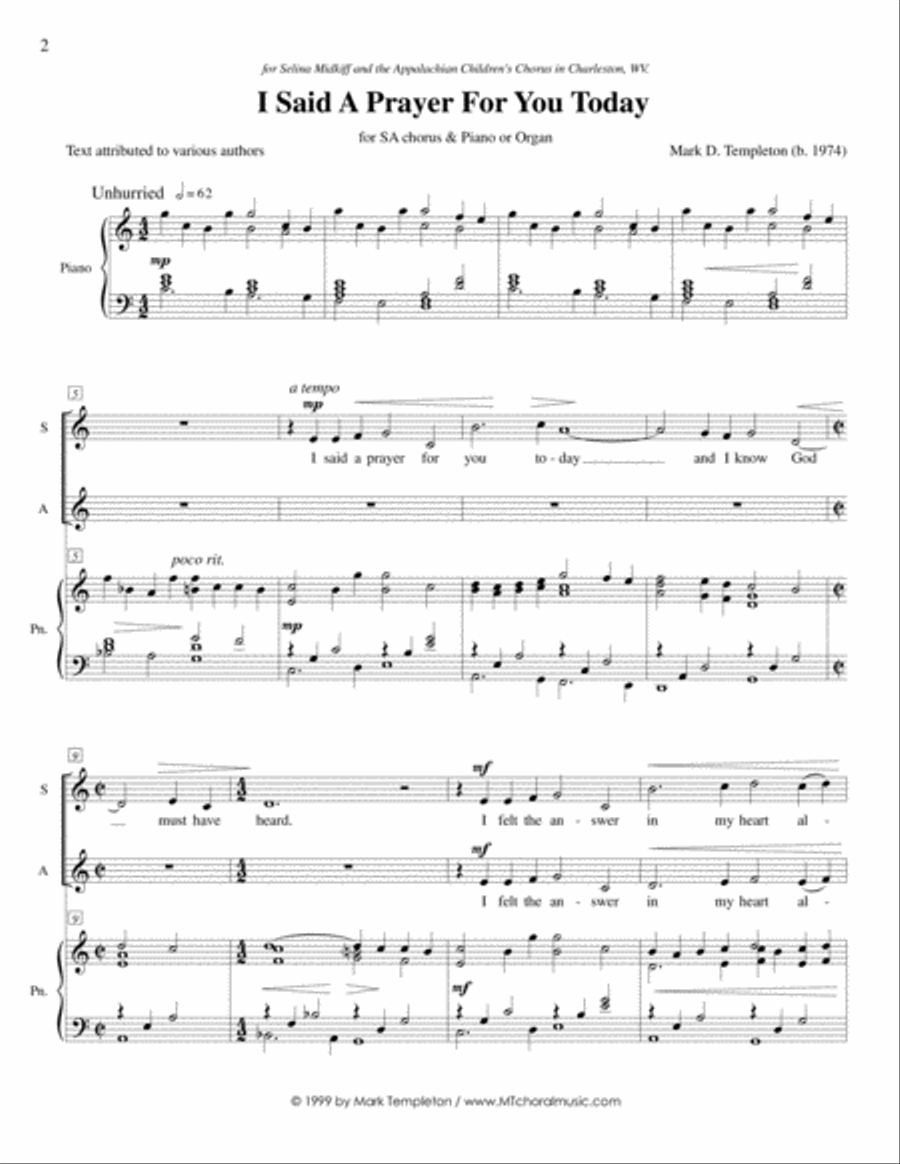 I Said a Prayer for You Today (SA) SA scores gallery preview page 2