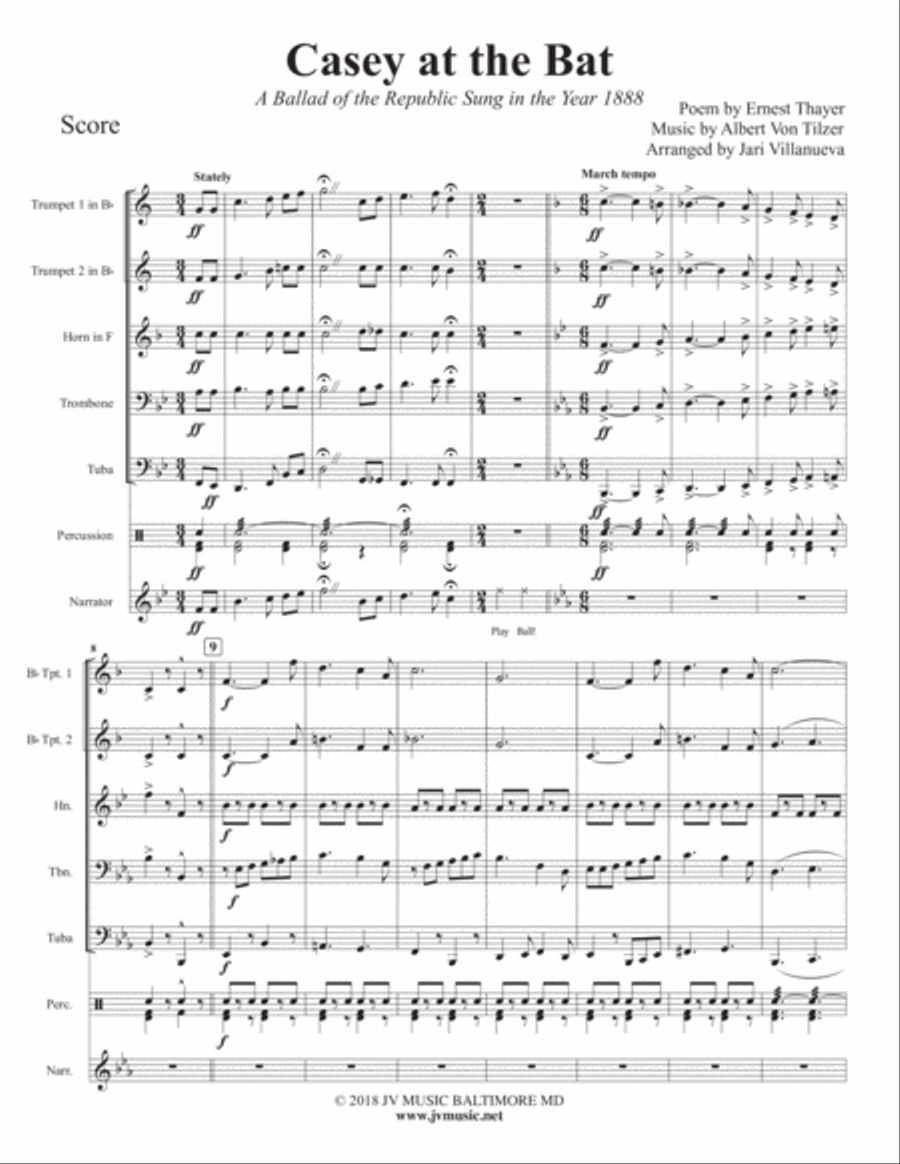 Casey at the Bat for Brass Quintet, Percussion and Narrator Brass Ensemble scores gallery preview page 6