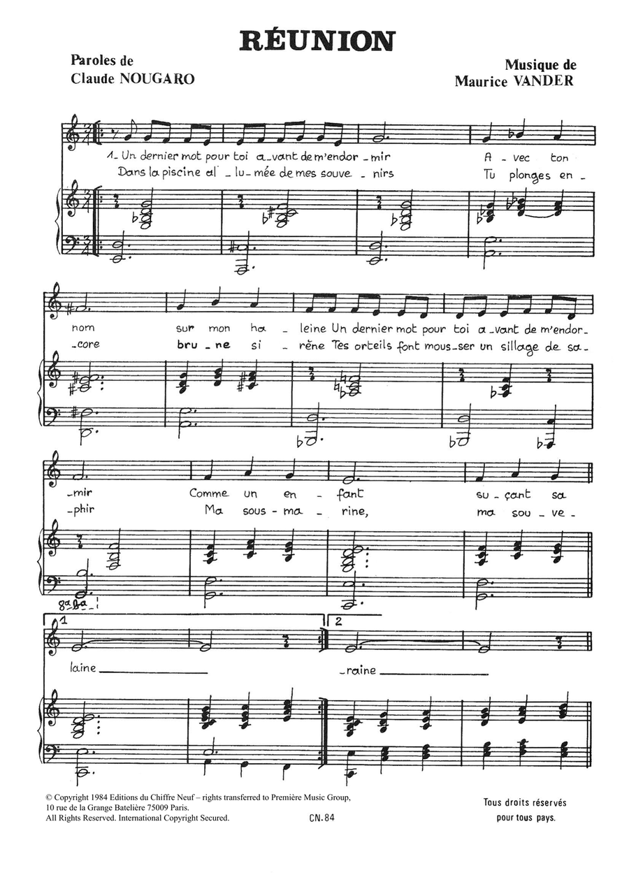 Reunion Piano, Vocal scores gallery preview page 1