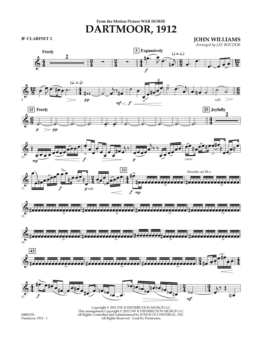 Dartmoor, 1912 (from War Horse) - Bb Clarinet 2 Concert Band scores gallery preview page 1