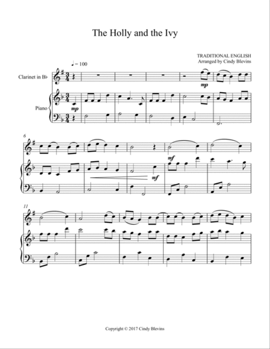 The Holly and the Ivy, for Piano and Clarinet B-Flat Clarinet scores gallery preview page 2