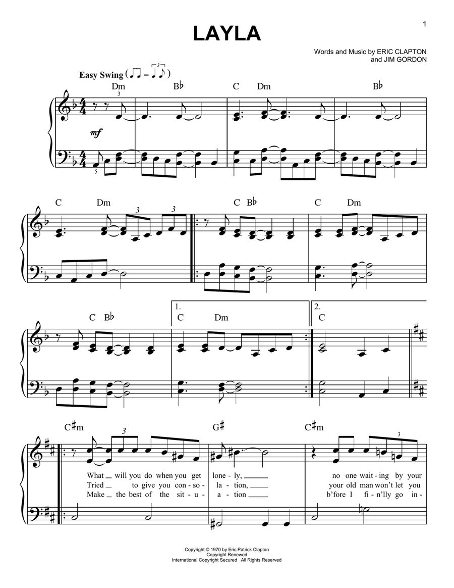 Layla by Derek And The Dominoes Easy Piano - Digital Sheet Music