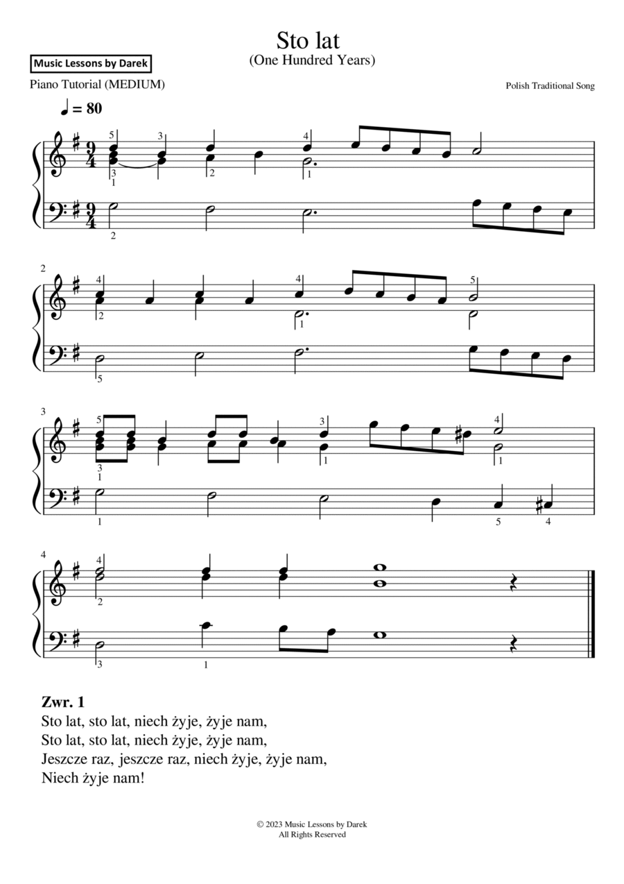 Sto lat (One Hundred Years), Polish Traditional Song [MEDIUM PIANO] Piano Solo scores gallery preview page 1