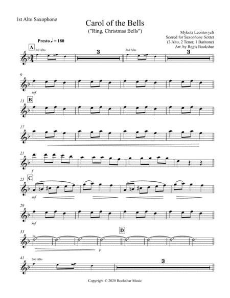 Carol of the Bells (F min) (Saxophone Sextet - 3 Alto, 2 Ten, 1 Bari) image number null
