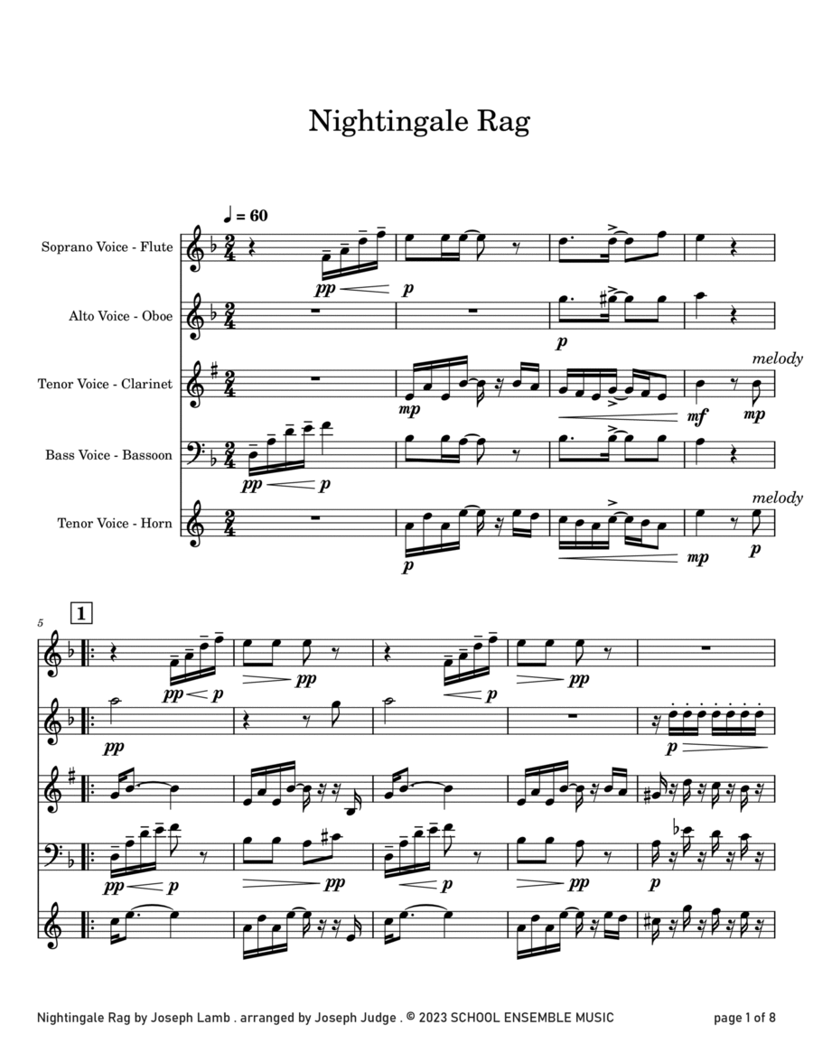 Nightingale Rag by Joseph Lamb for Woodwind Quartet in Schools Woodwind Quartet scores gallery preview page 1