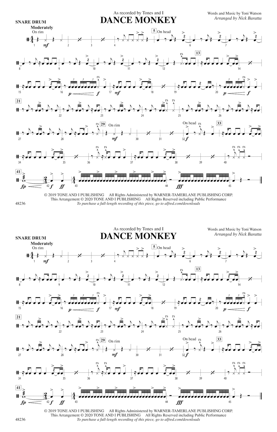 Dance Monkey: Snare Drum Dance Monkey: Snare Drum Marching Band scores gallery preview page 1