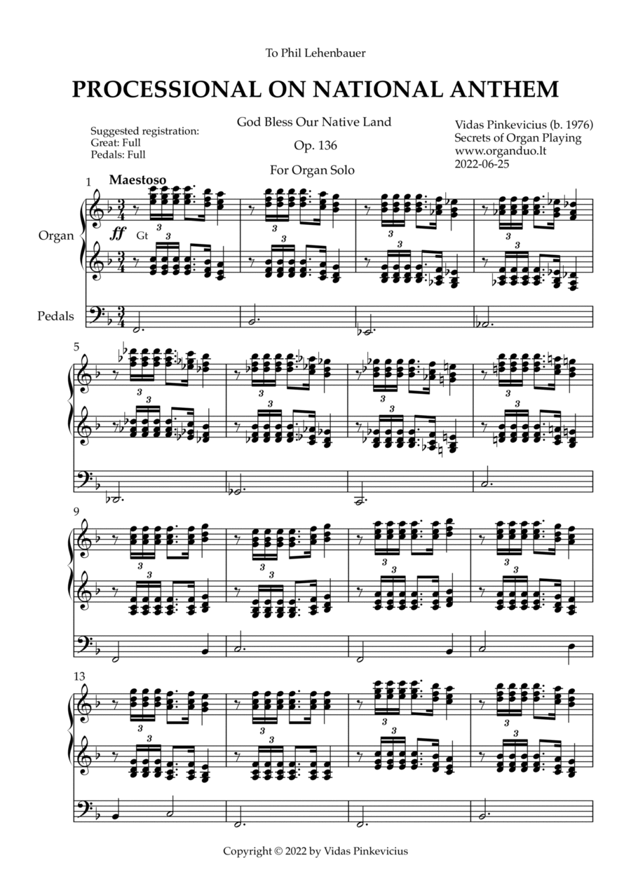 Processional on National Anthem, Op. 136 (Organ Solo) by Vidas Pinkevicius (2022) Organ Solo scores gallery preview page 1