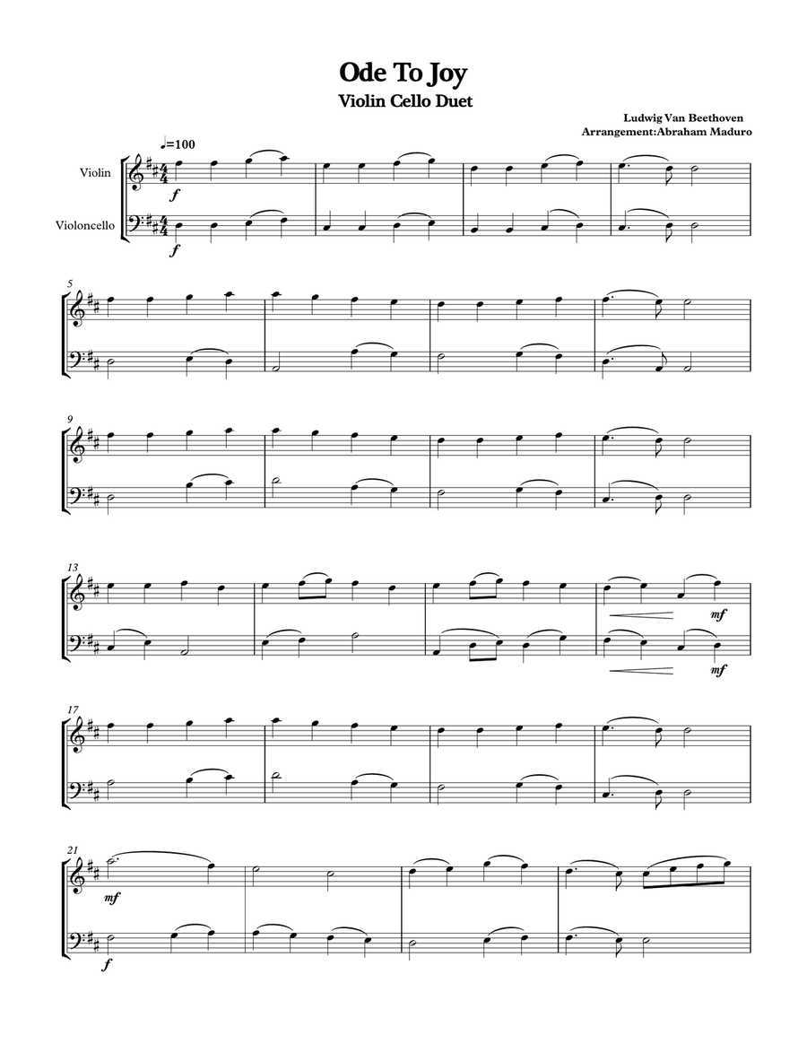 Beethoven's Ode To Joy Violin Cello Duet String Duet scores gallery preview page 1