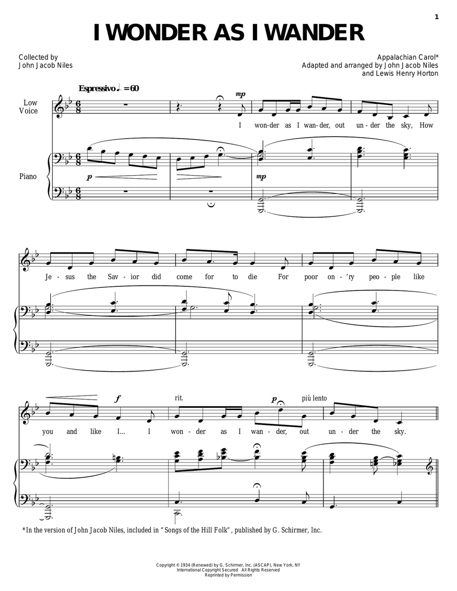 I Wonder As I Wander Piano, Vocal scores gallery preview page 1