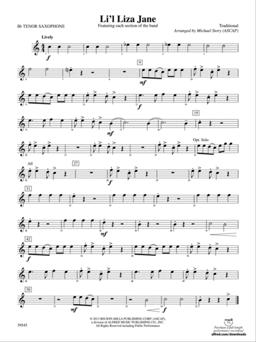 Li'l Liza Jane: B-flat Tenor Saxophone Concert Band scores gallery preview page 1