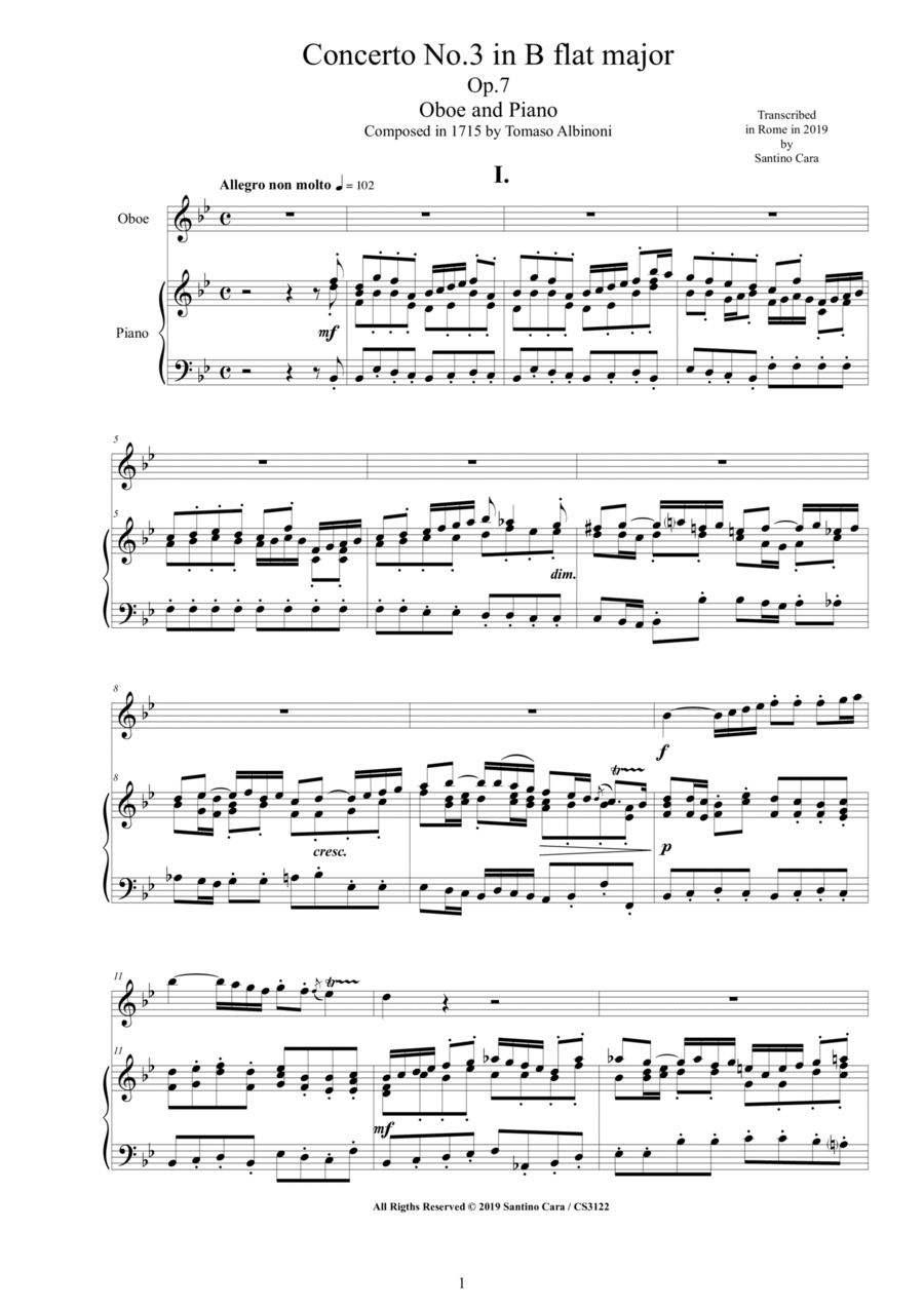 Albinoni - Oboe Concerto No.3 in B flat major Op.7 for Oboe and Piano Piano scores gallery preview page 1