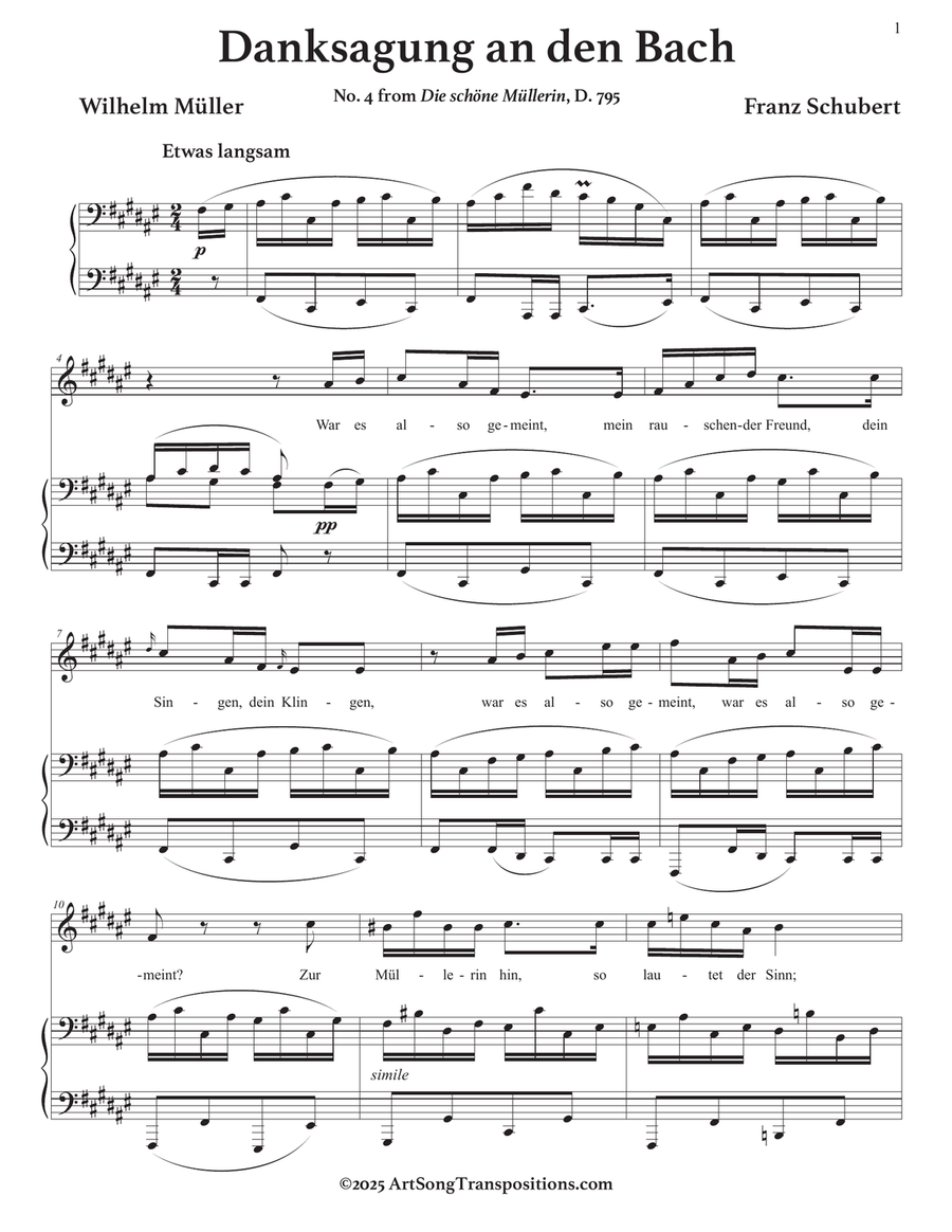 SCHUBERT: Danksagung an den Bach, D. 795 no. 4 (transposed to F-sharp major) Piano, Vocal scores gallery preview page 2