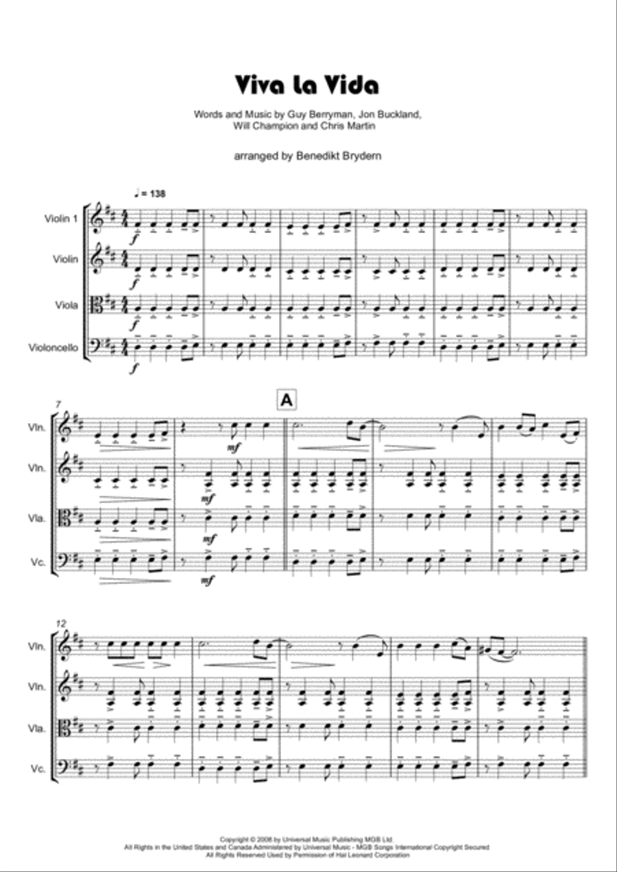 Viva La Vida Viva La Vida String Quartet scores gallery preview page 2
