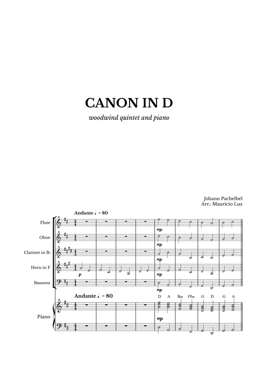 Canon in D for Woodwind Quintet and Piano with chords image number null
