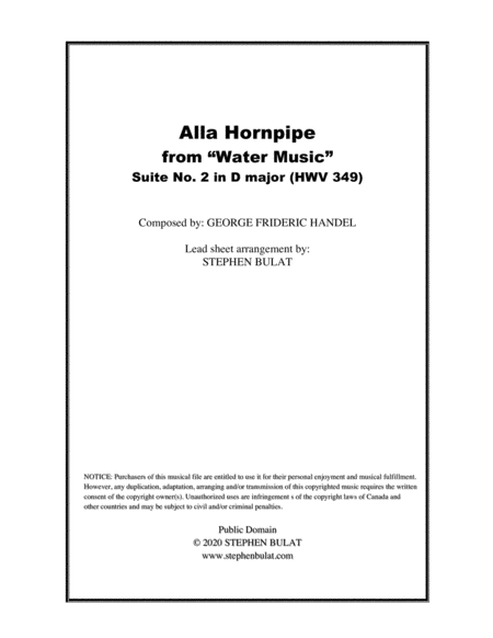 Alla Hornpipe (from "Water Music") (Handel) - Lead sheet in original key of D